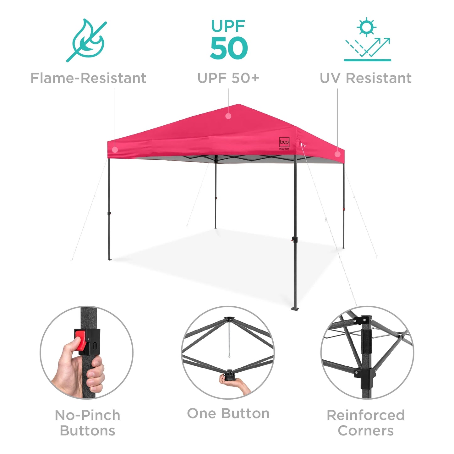 10X10Ft Easy Setup Pop up Canopy W/ 1-Button Setup, Wheeled Case, 4 Weight Bags - Hot Pink