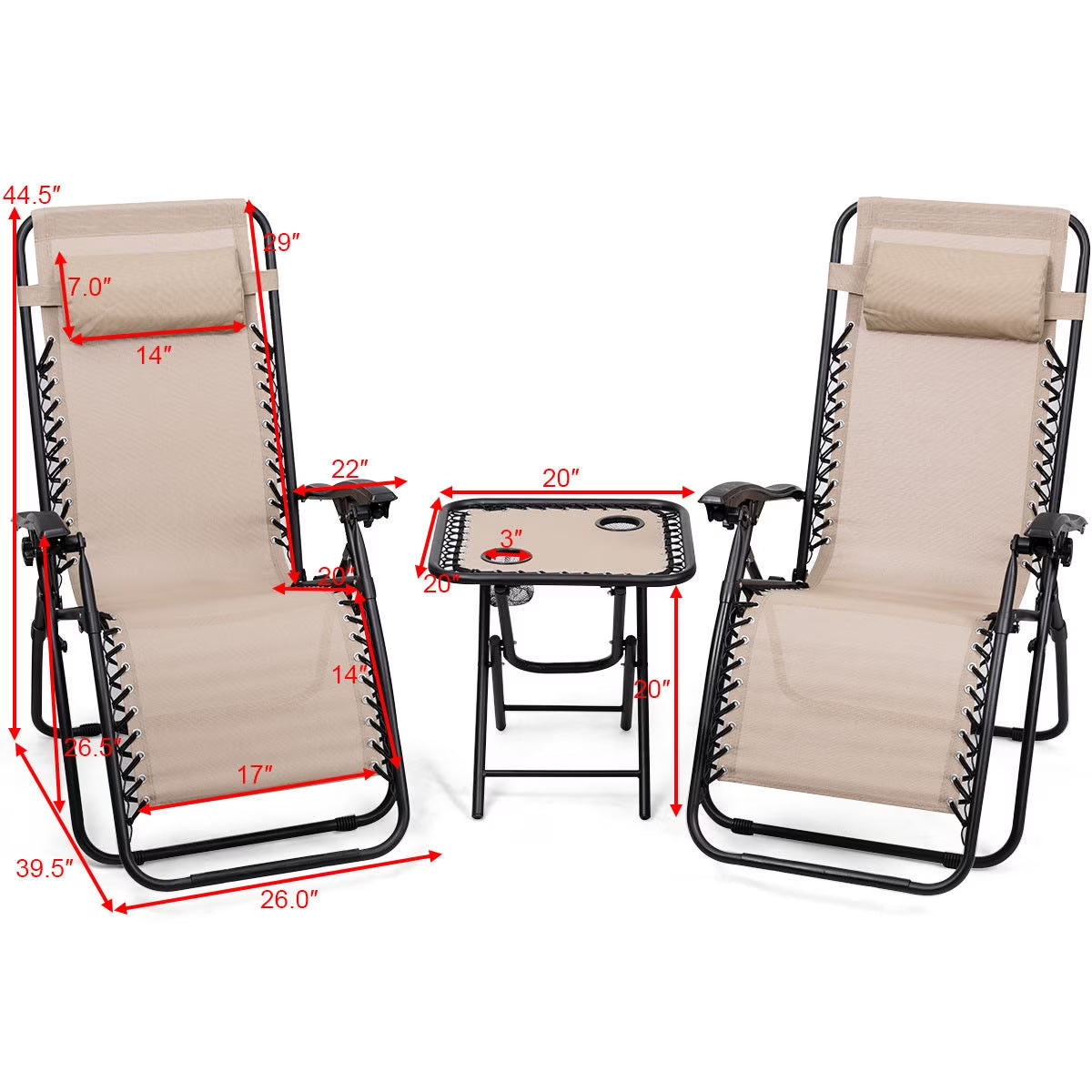 3PC Zero Gravity Reclining Lounge Chairs Pillows Table Portable Folding Beige