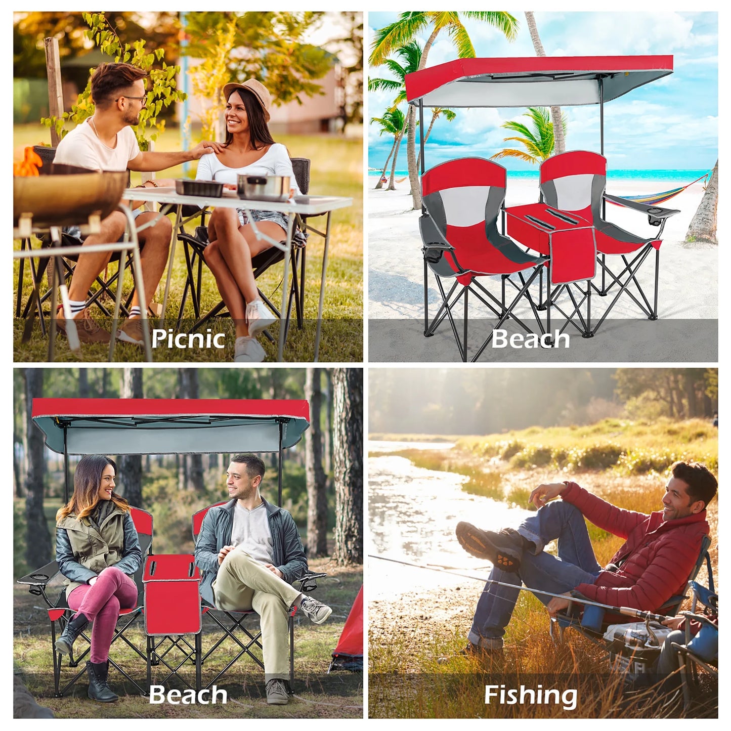 Goplus Portable Folding Camping Canopy Chairs W/ Cup Holder Cooler Outdoor Red