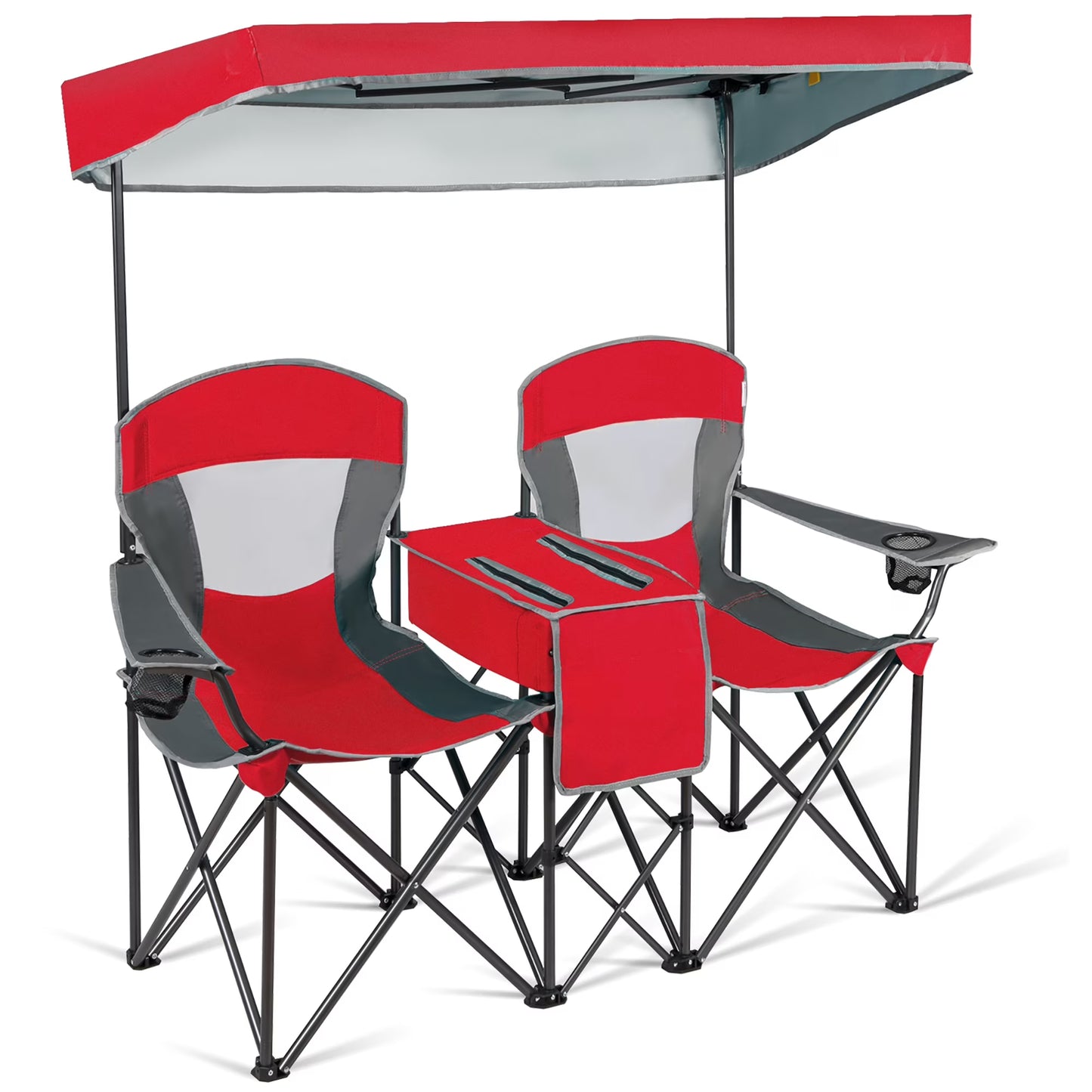 Goplus Portable Folding Camping Canopy Chairs W/ Cup Holder Cooler Outdoor Red