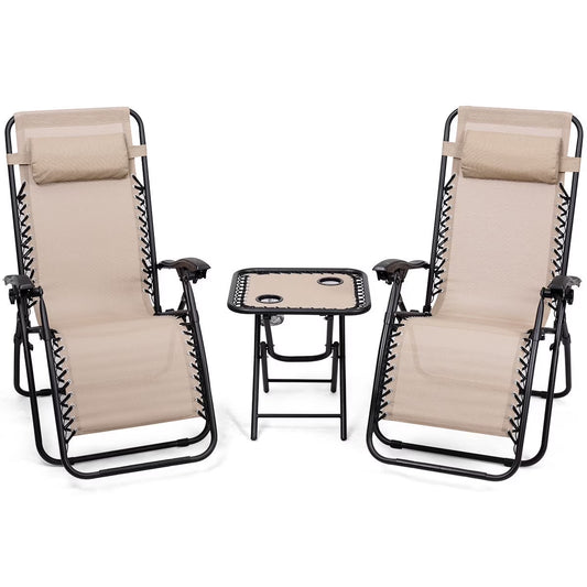 3PC Zero Gravity Reclining Lounge Chairs Pillows Table Portable Folding Beige