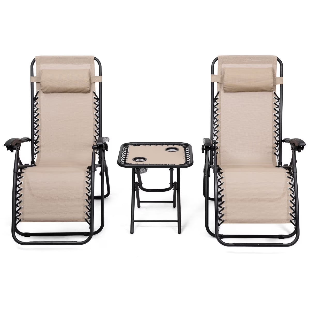 3PC Zero Gravity Reclining Lounge Chairs Pillows Table Portable Folding Beige