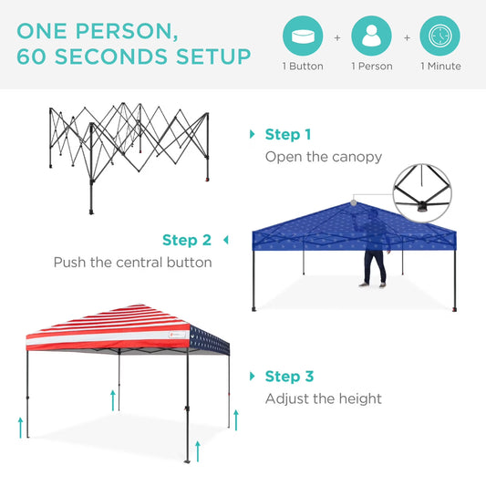 10X10Ft Easy Setup Pop up Canopy W/ 1-Button Setup, Wheeled Case, 4 Weight Bags - American Flag