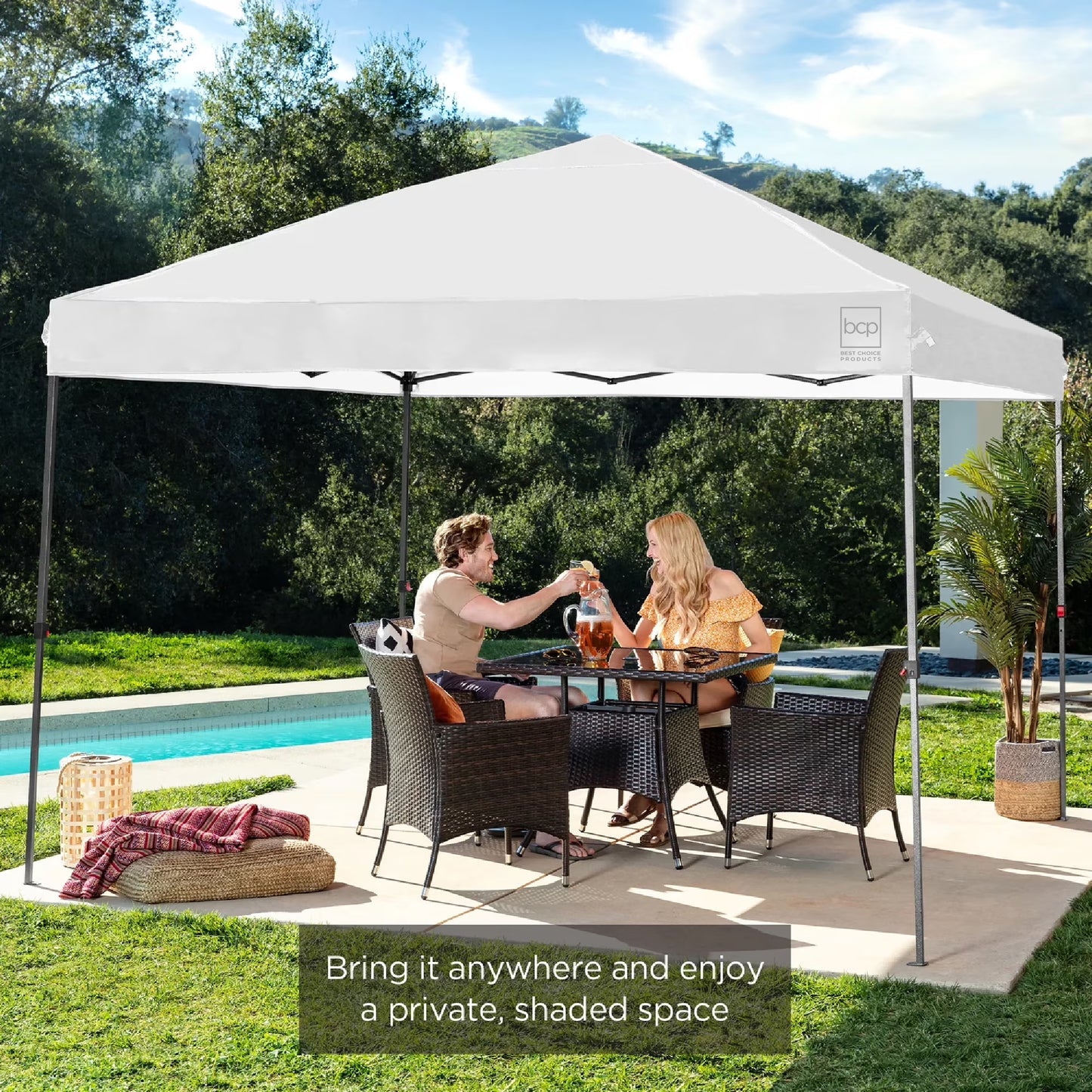 10X10Ft Easy Setup Pop up Canopy W/ 1-Button Setup, Wheeled Case, 4 Weight Bags - Hot Pink