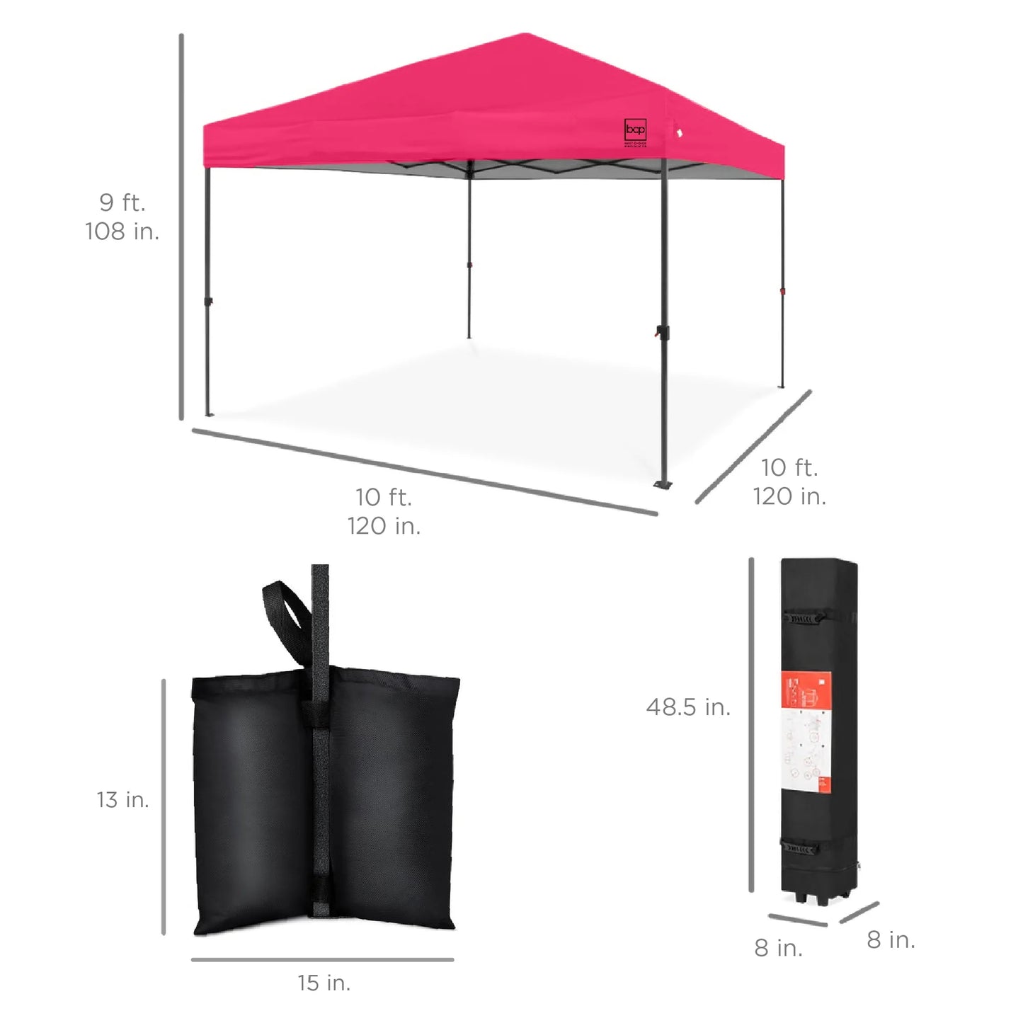 10X10Ft Easy Setup Pop up Canopy W/ 1-Button Setup, Wheeled Case, 4 Weight Bags - Hot Pink