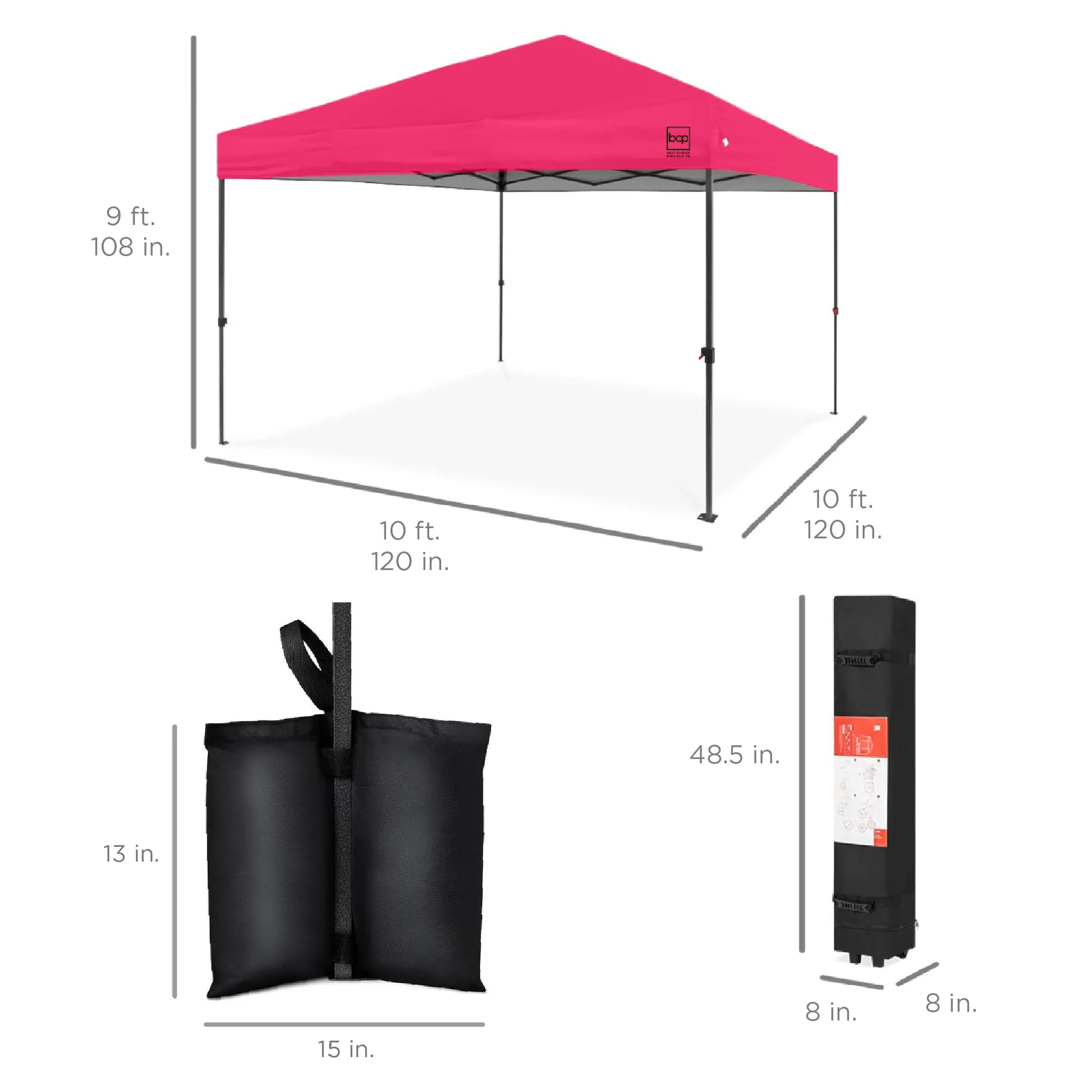 10X10Ft Easy Setup Pop up Canopy W/ 1-Button Setup, Wheeled Case, 4 Weight Bags - Hot Pink