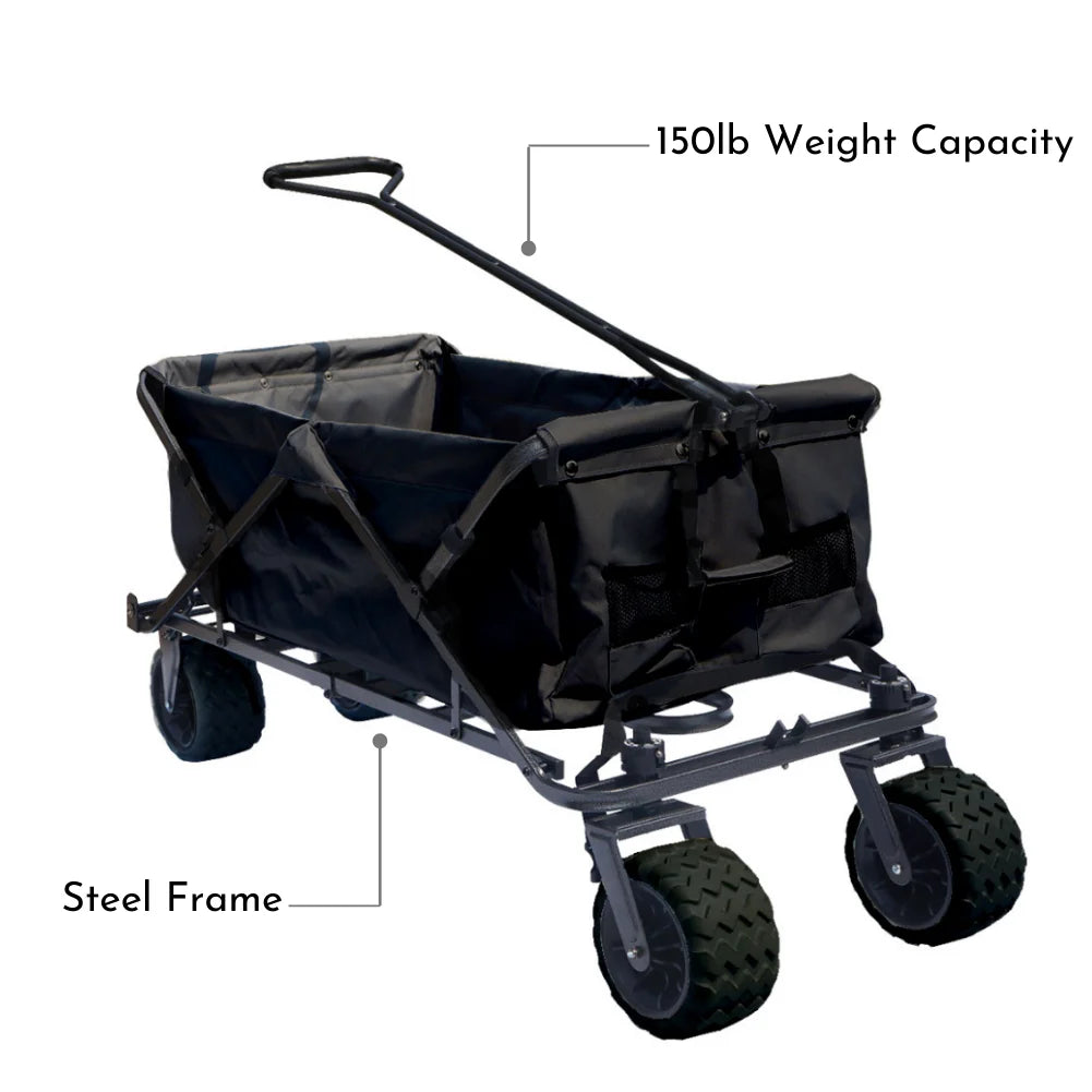 Folding Utility Wagon, Collapsible, All Terrain Beach Wagon, Black