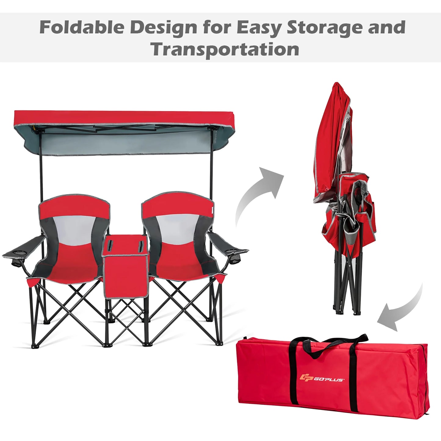 Goplus Portable Folding Camping Canopy Chairs W/ Cup Holder Cooler Outdoor Red