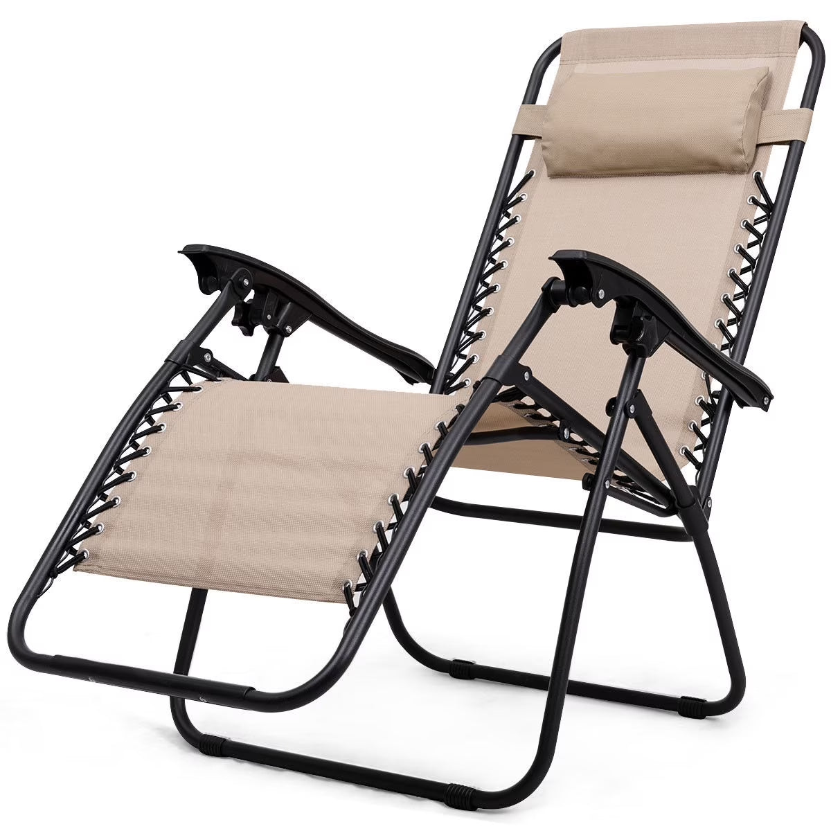 3PC Zero Gravity Reclining Lounge Chairs Pillows Table Portable Folding Beige